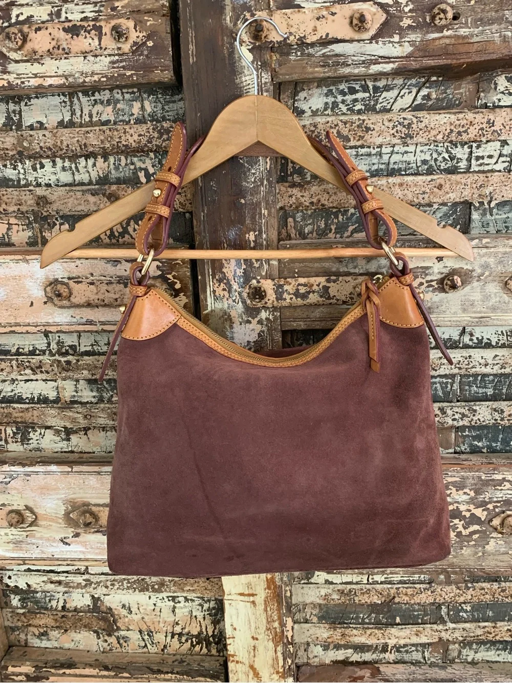 Dooney & Bourke Suede Leather Shoulder Hobo Bag, Brown Wine Slouch Tan Trim - Picture 2 of 14